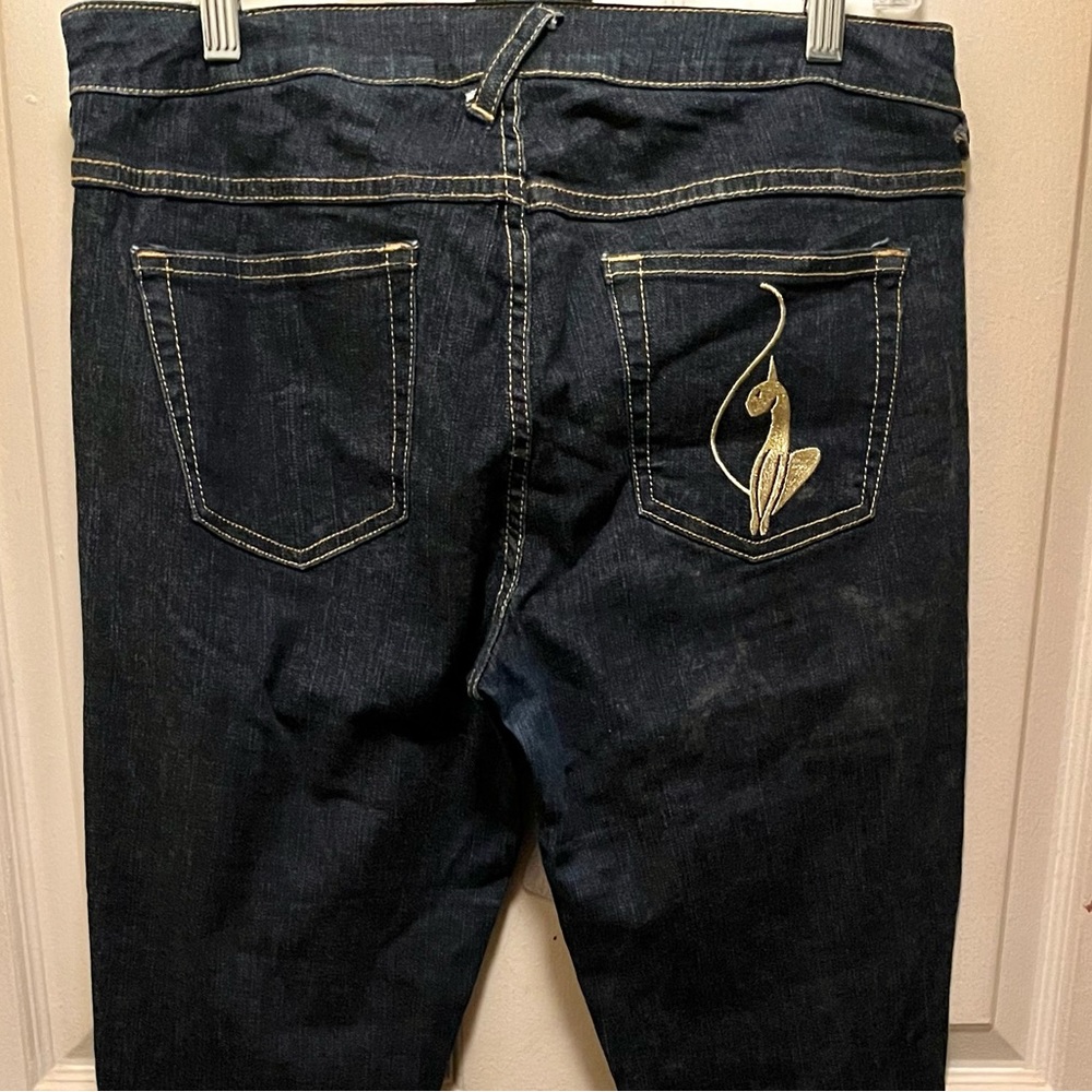 BABY PHAT Women’s Embroidered Cat Denim Jeans. Sz 11. Waist 34. Inseam 31.